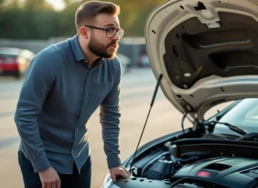 Consumidor preocupado ao lado de carro com capô aberto, ilustrando dúvida sobre garantia de veículo usado.