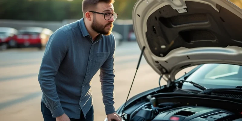 Consumidor preocupado ao lado de carro com capô aberto, ilustrando dúvida sobre garantia de veículo usado.