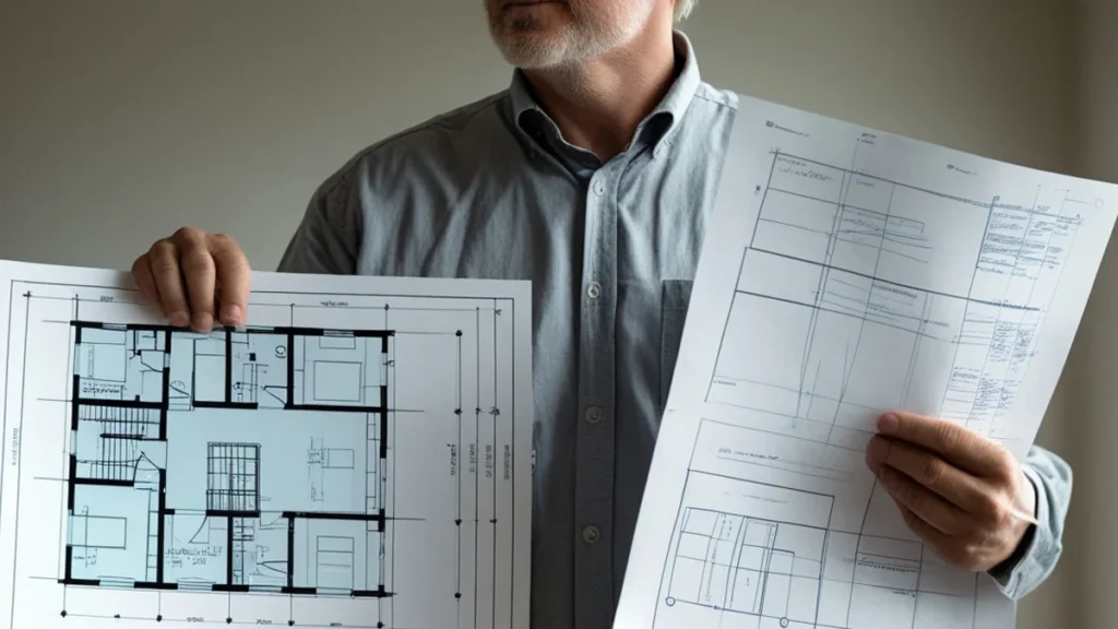 Proprietário preocupado segurando planta de reforma e notificação judicial em frente a parede em obras.