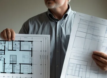 Proprietário preocupado segurando planta de reforma e notificação judicial em frente a parede em obras.