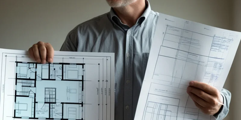 Proprietário preocupado segurando planta de reforma e notificação judicial em frente a parede em obras.