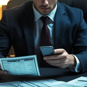 Advogado analisando documentos digitais sobre golpe de leilão falso para recuperação de valores financeiros.