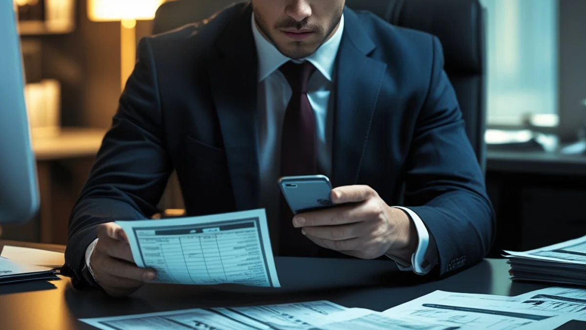 Advogado analisando documentos digitais sobre golpe de leilão falso para recuperação de valores financeiros.