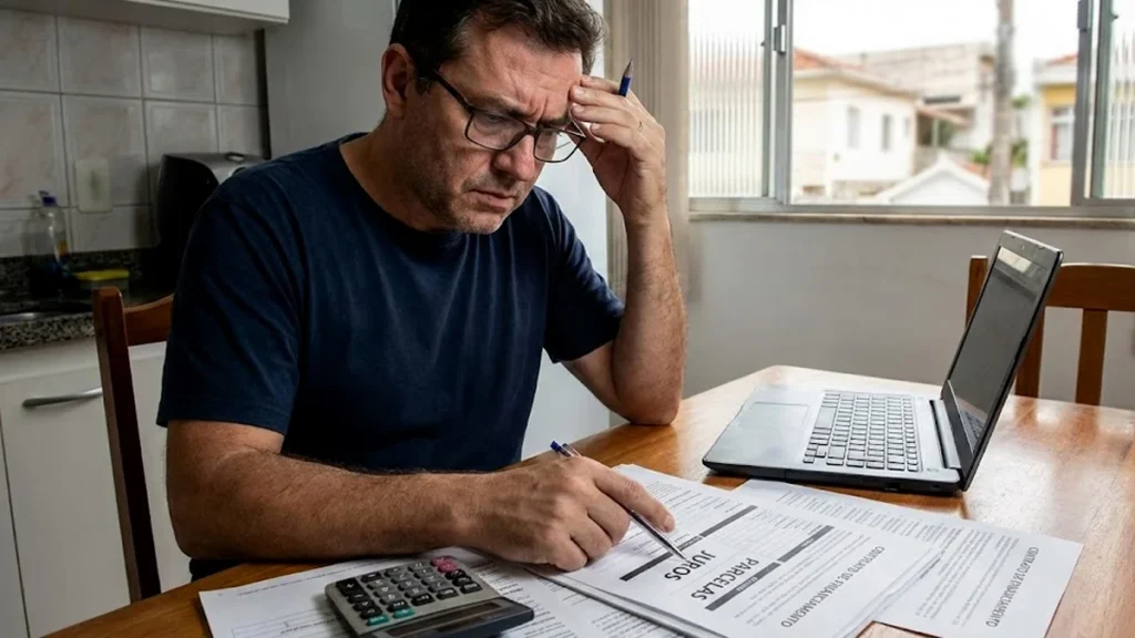 Pessoa analisando contrato de financiamento preocupada com parcelas abusivas, buscando revisão por onerosidade excessiva.