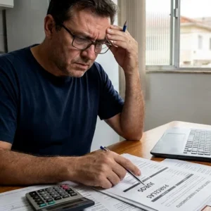 Pessoa analisando contrato de financiamento preocupada com parcelas abusivas, buscando revisão por onerosidade excessiva.