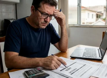 Pessoa analisando contrato de financiamento preocupada com parcelas abusivas, buscando revisão por onerosidade excessiva.