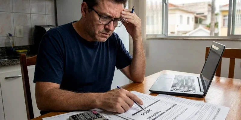 Pessoa analisando contrato de financiamento preocupada com parcelas abusivas, buscando revisão por onerosidade excessiva.