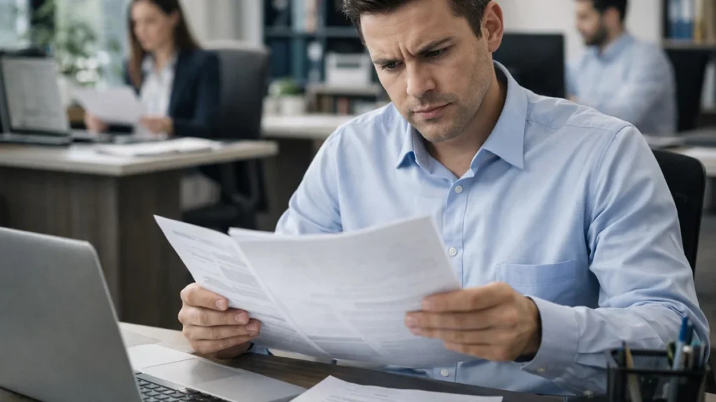 Trabalhador em escritório analisando contas e boletos, representando a preocupação com o atraso de salário.