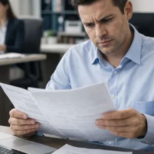 Trabalhador em escritório analisando contas e boletos, representando a preocupação com o atraso de salário.