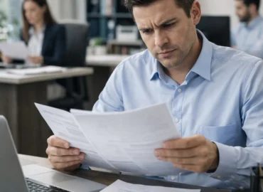 Trabalhador em escritório analisando contas e boletos, representando a preocupação com o atraso de salário.