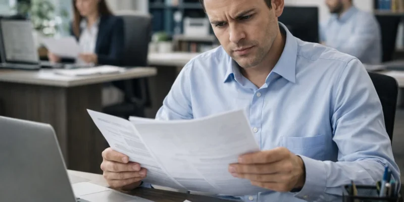 Trabalhador em escritório analisando contas e boletos, representando a preocupação com o atraso de salário.