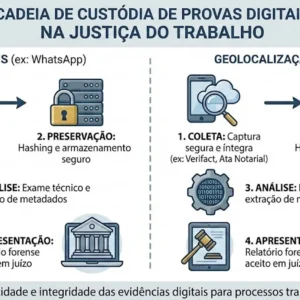 Infográfico sobre a cadeia de custódia de provas digitais mensagens e geolocalização para processos na Justiça do Trabalho.