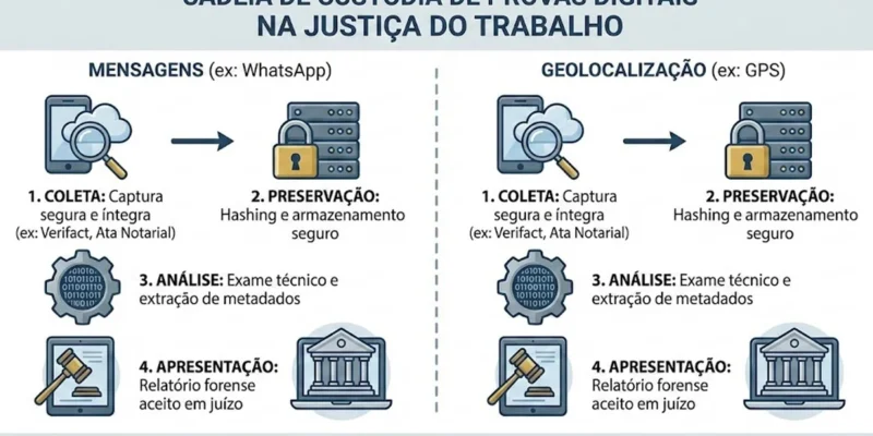 Infográfico sobre a cadeia de custódia de provas digitais mensagens e geolocalização para processos na Justiça do Trabalho.