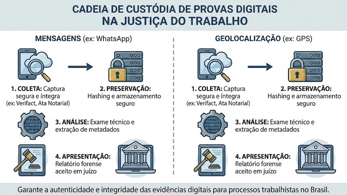 Infográfico sobre a cadeia de custódia de provas digitais mensagens e geolocalização para processos na Justiça do Trabalho.