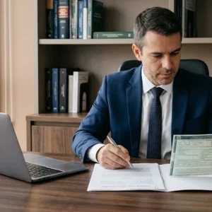 Advogado em escritório analisando documentos de financiamento de veículo sobre uma mesa de madeira.