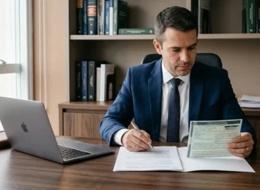 Advogado em escritório analisando documentos de financiamento de veículo sobre uma mesa de madeira.