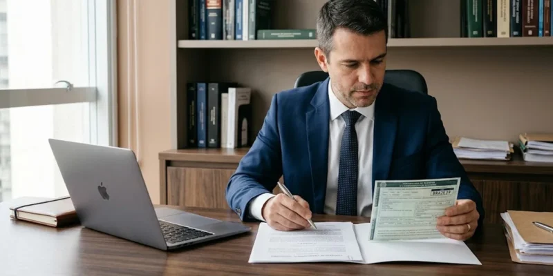 Advogado em escritório analisando documentos de financiamento de veículo sobre uma mesa de madeira.