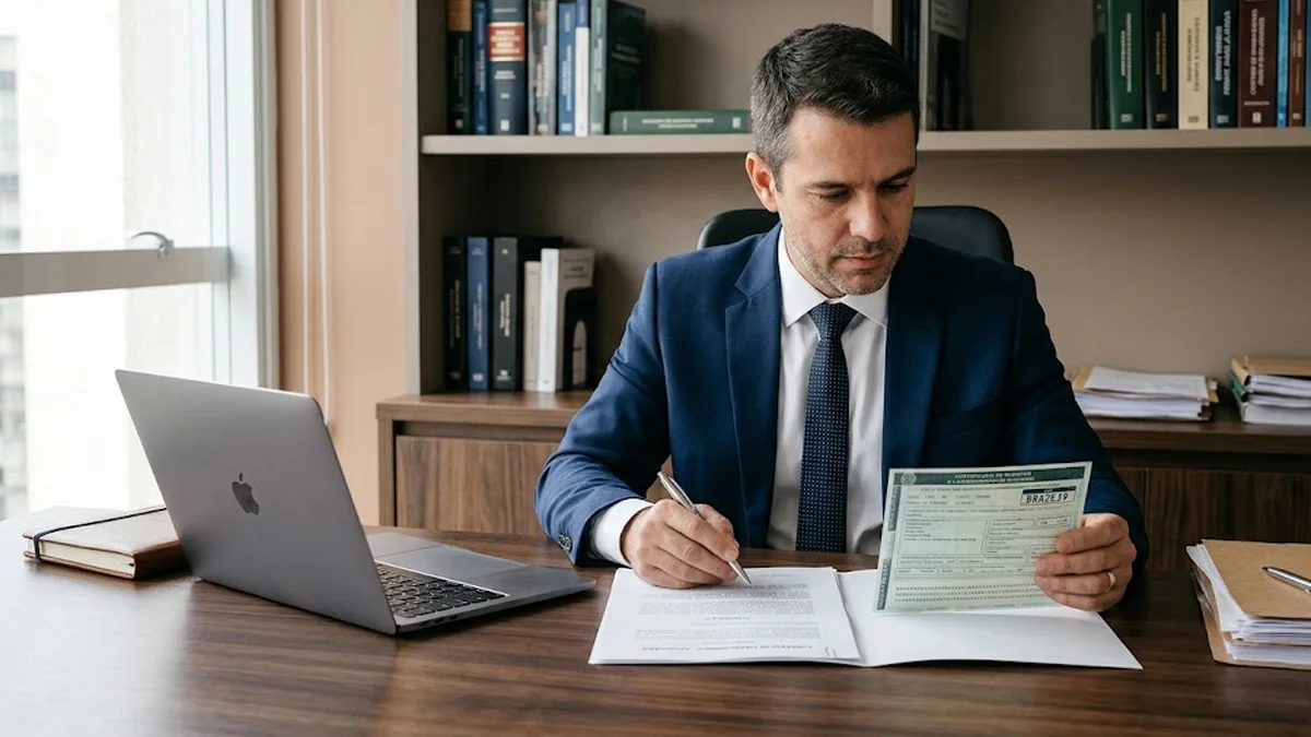 Advogado em escritório analisando documentos de financiamento de veículo sobre uma mesa de madeira.