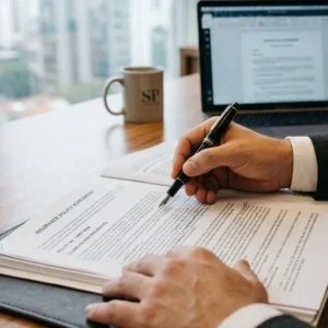 Advogado em seu escritório analisa atentamente uma apólice de seguro sobre a mesa, representando a fase de diagnóstico técnico.