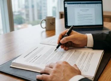 Advogado em seu escritório analisa atentamente uma apólice de seguro sobre a mesa, representando a fase de diagnóstico técnico.