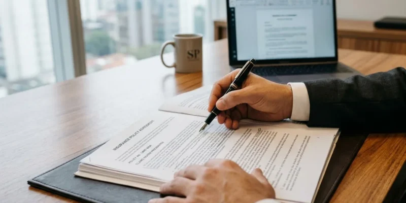 Advogado em seu escritório analisa atentamente uma apólice de seguro sobre a mesa, representando a fase de diagnóstico técnico.