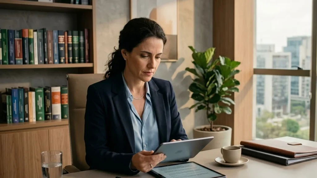 Advogado em escritório moderno analisando documentos de execução trabalhista em um tablet, ambiente profissional e sóbrio.