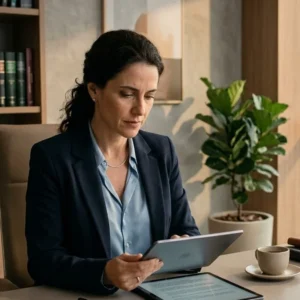 Advogado em escritório moderno analisando documentos de execução trabalhista em um tablet, ambiente profissional e sóbrio.