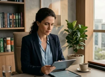 Advogado em escritório moderno analisando documentos de execução trabalhista em um tablet, ambiente profissional e sóbrio.