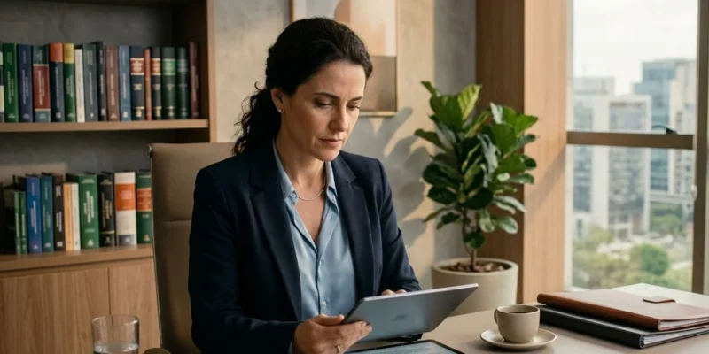 Advogado em escritório moderno analisando documentos de execução trabalhista em um tablet, ambiente profissional e sóbrio.