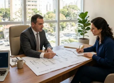 Advogado e cliente conversando em uma sala moderna sobre plantas arquitetônicas e legalização de reforma em apartamento.