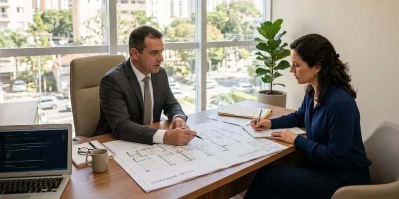 Advogado e cliente conversando em uma sala moderna sobre plantas arquitetônicas e legalização de reforma em apartamento.