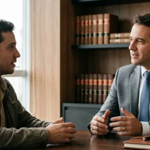 Advogado em escritório conversando com um cliente sobre direitos de acidente de trabalho.