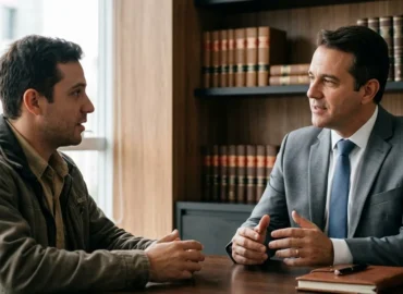 Advogado em escritório conversando com um cliente sobre direitos de acidente de trabalho.