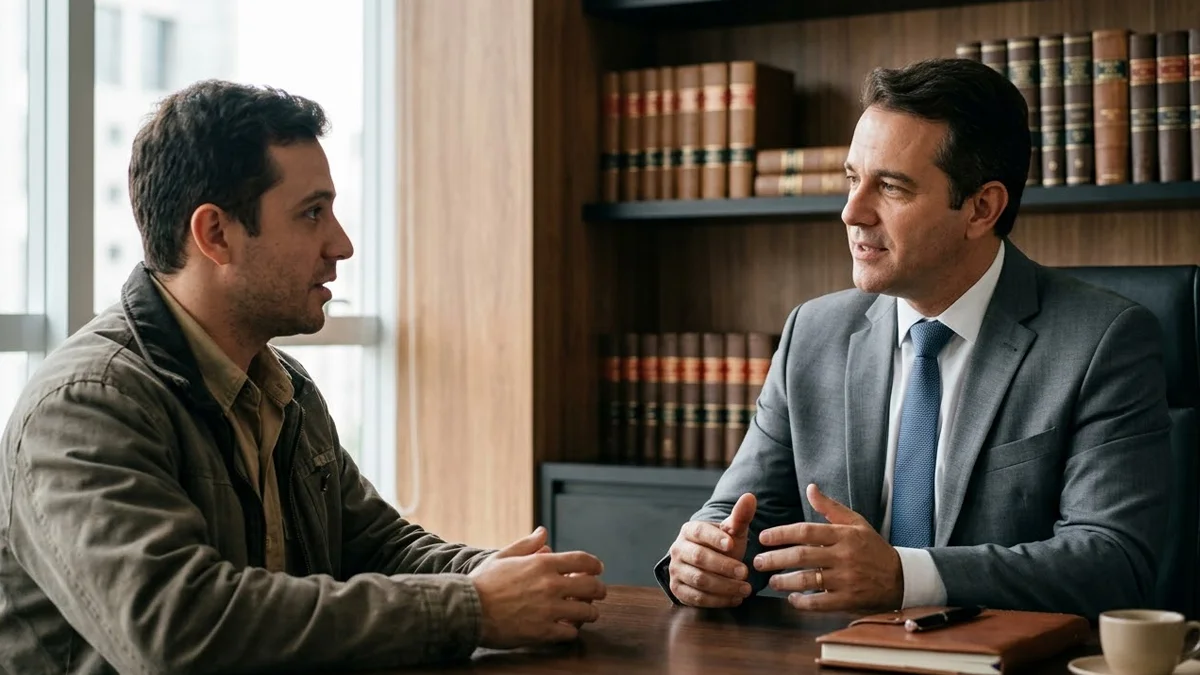 Advogado em escritório conversando com um cliente sobre direitos de acidente de trabalho.