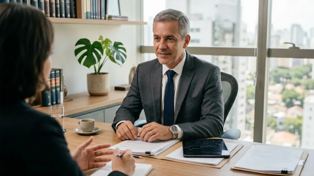 Advogado em reunião consultiva com cliente discutindo documentos financeiros para revisão de pensão alimentícia.