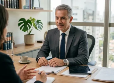 Advogado em reunião consultiva com cliente discutindo documentos financeiros para revisão de pensão alimentícia.