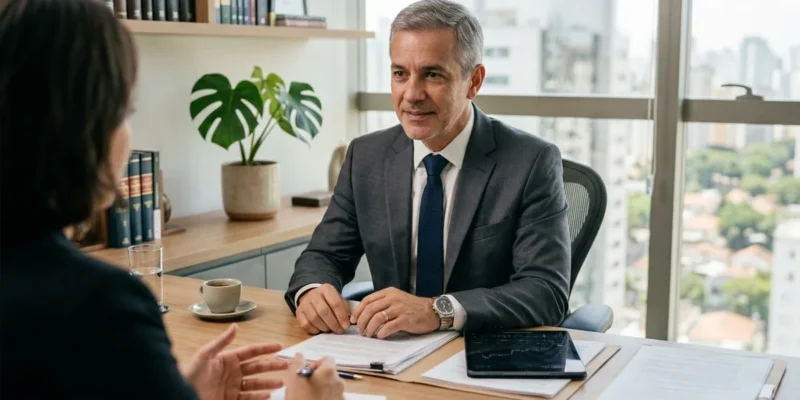 Advogado em reunião consultiva com cliente discutindo documentos financeiros para revisão de pensão alimentícia.
