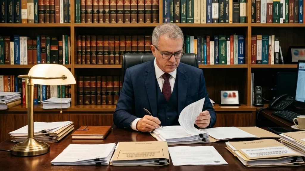 Advogado analisa extrato bancário com bloqueio judicial SisbaJud em escritório em São Paulo para defesa em execução.