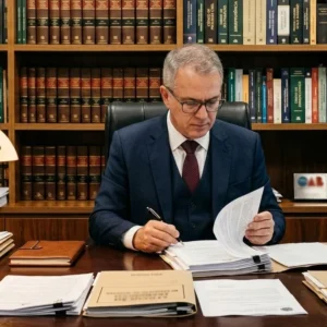 Advogado analisa extrato bancário com bloqueio judicial SisbaJud em escritório em São Paulo para defesa em execução.