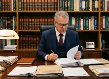 Advogado analisa extrato bancário com bloqueio judicial SisbaJud em escritório em São Paulo para defesa em execução.