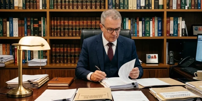 Advogado analisa extrato bancário com bloqueio judicial SisbaJud em escritório em São Paulo para defesa em execução.