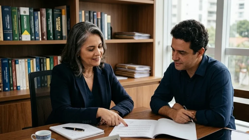 Advogado em reunião consultiva com cliente explicando documentos de cessão de direitos hereditários em escritório sóbrio.