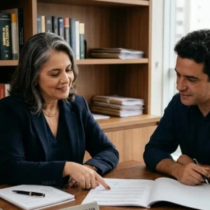 Advogado em reunião consultiva com cliente explicando documentos de cessão de direitos hereditários em escritório sóbrio.