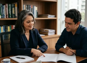 Advogado em reunião consultiva com cliente explicando documentos de cessão de direitos hereditários em escritório sóbrio.
