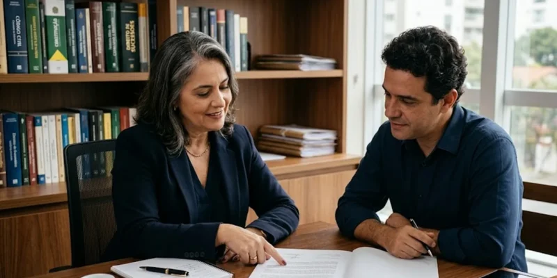 Advogado em reunião consultiva com cliente explicando documentos de cessão de direitos hereditários em escritório sóbrio.