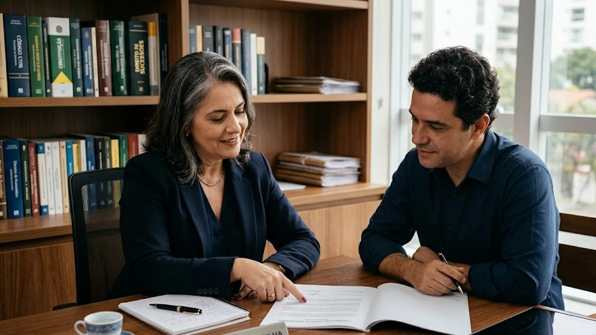 Advogado em reunião consultiva com cliente explicando documentos de cessão de direitos hereditários em escritório sóbrio.