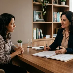 Advogado em reunião consultiva com cliente para tratar sobre direito de visitas e convivência familiar.