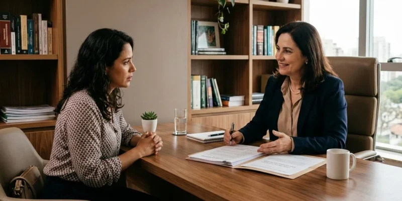 Advogado em reunião consultiva com cliente para tratar sobre direito de visitas e convivência familiar.