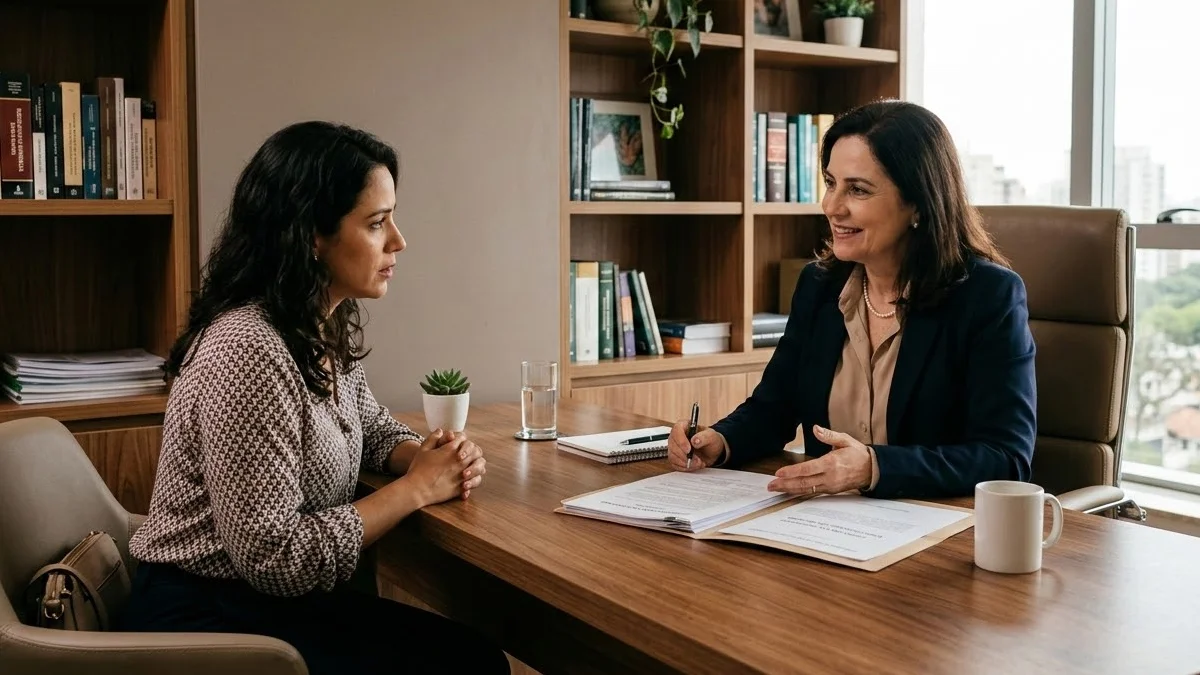 Advogado em reunião consultiva com cliente para tratar sobre direito de visitas e convivência familiar.