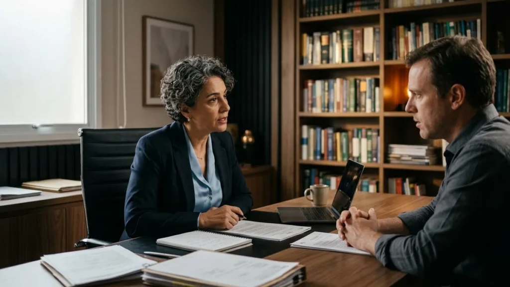 Advogado em atendimento consultivo explicando direitos sobre indenização substitutiva para cliente em escritório.